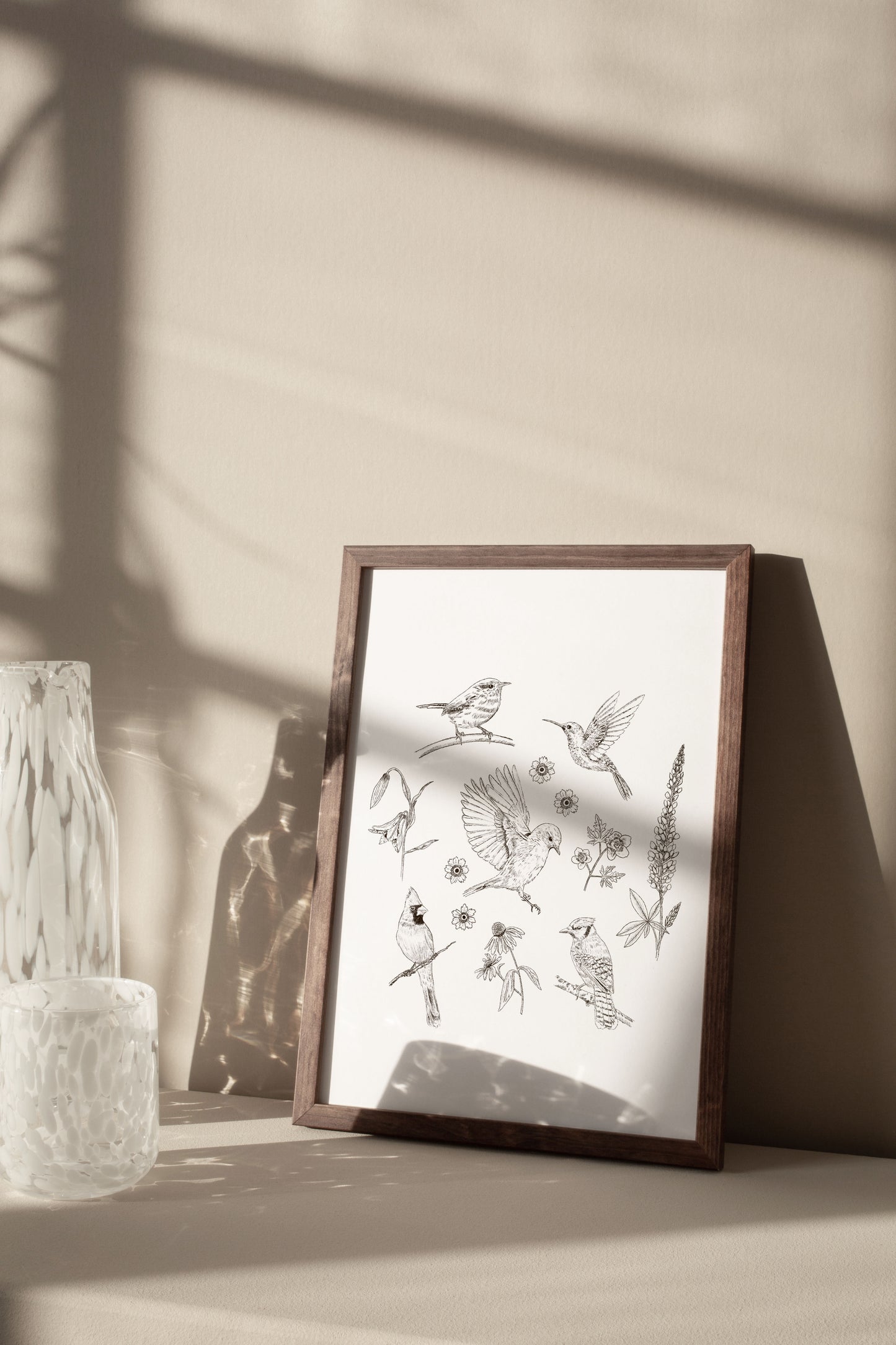 North Carolina Birds & Wildflowers Print - Line Art